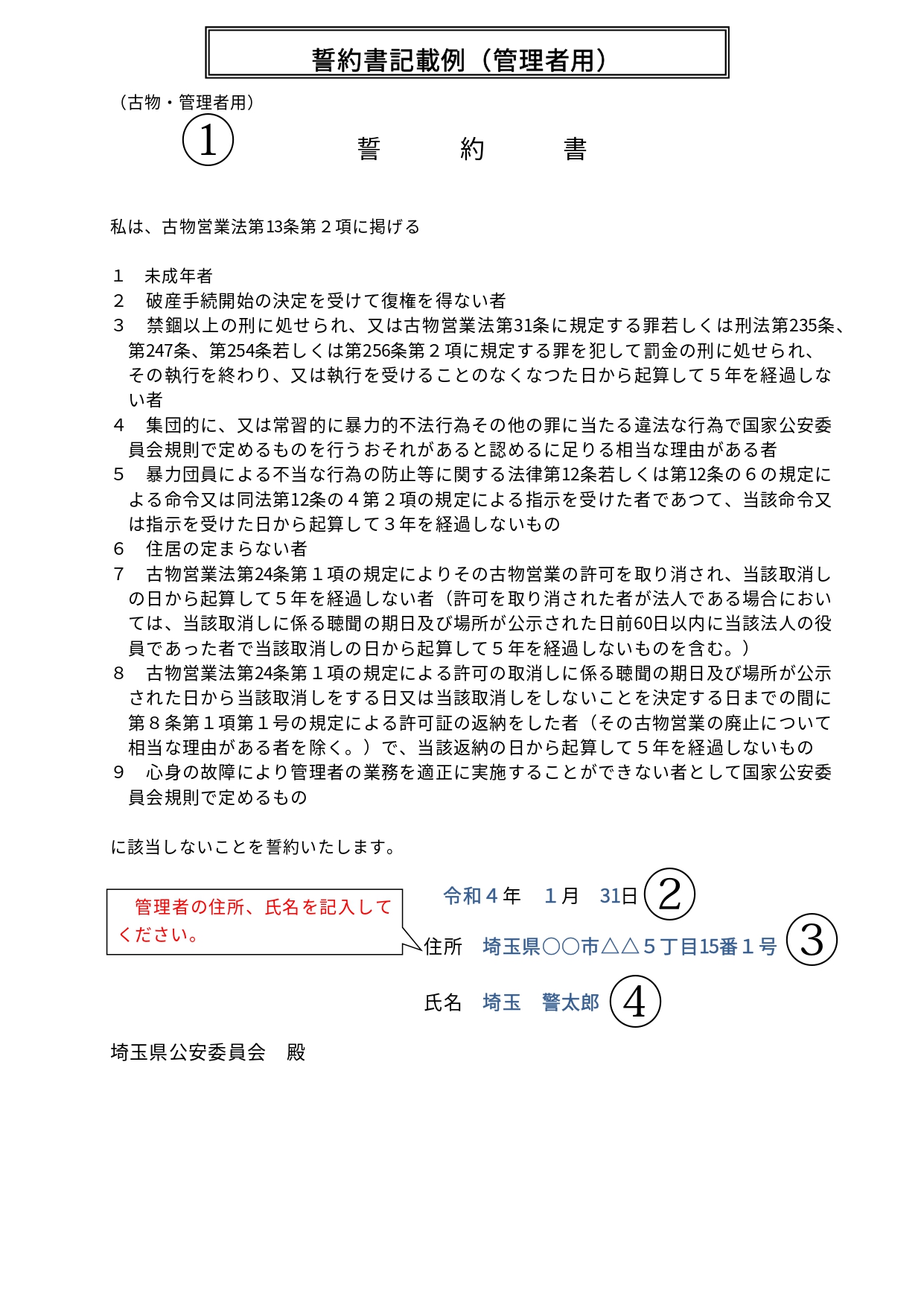古物商許可管理者誓約書記載例
