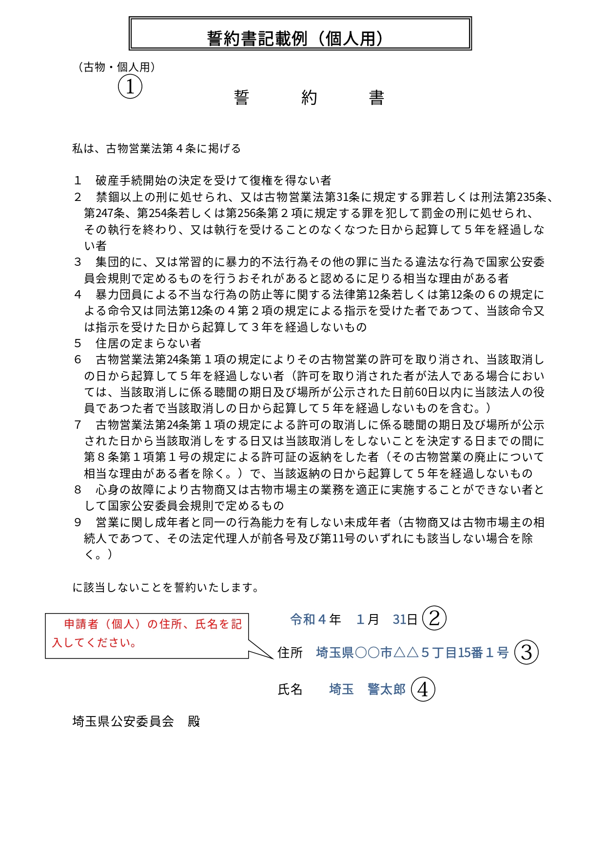 古物商許可個人誓約書記載例