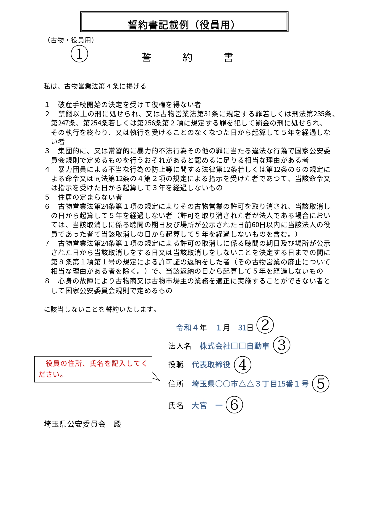 古物商許可役員誓約書記載例