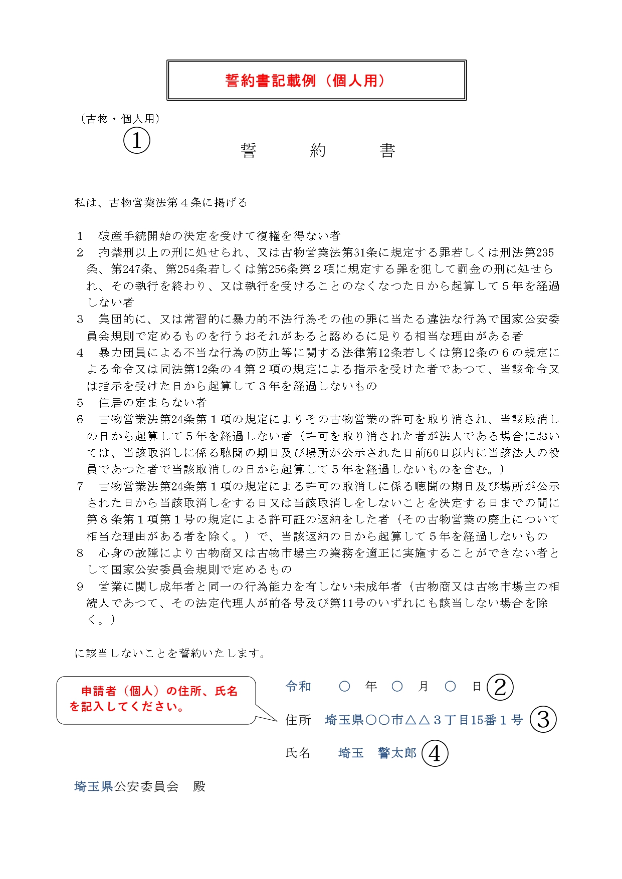 古物商許可個人用誓約書記載例