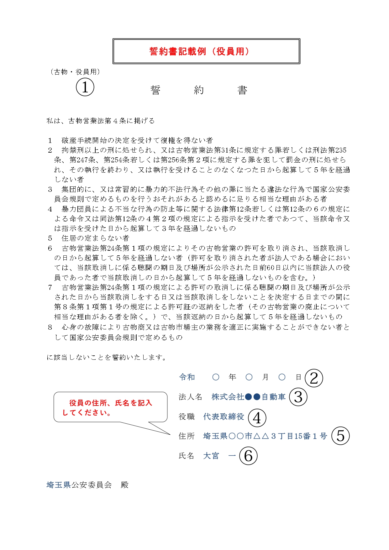 古物商許可役員用誓約書記載例